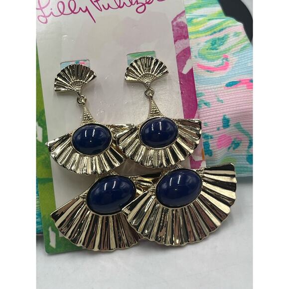 Lilly Pulitzer Coastal Shell Blue Fan Drop Clip On Earring In Gold Metallic - Picture 3 of 6
